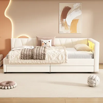 Immagine prodotto di okwish divano letto, letto da giorno 90*200 cm, contenitore, USB+Type-C per illuminazione ambientale a LED, letto con due cassetti (senza materasso) beige