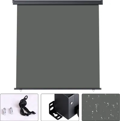 A retractable screen for a balcony or window, shown in its extended state, with smaller inset images showing accessories and a close-up of the mounting bracket.