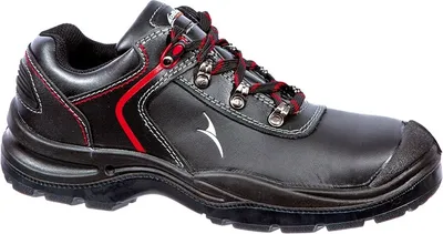 A single black safety shoe with red accents and laces, shown from the side against a white background.