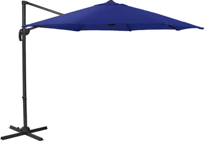 A blue cantilever umbrella with a black stand and pole, isolated on a white background.