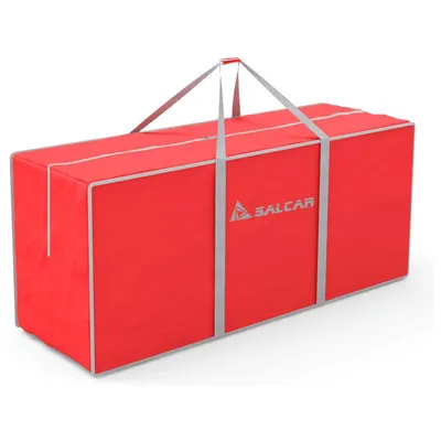 A red storage bag with grey trim and handles, featuring a logo.