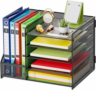 Produktbild von PolkaHome® Schreibtisch-Organizer mit Ordnerhalter, 5 Schubladen, 2 Stifthalter, Mesh, Schwarz, 36x28x30 cm