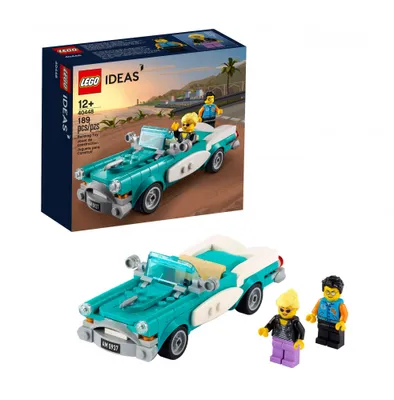 A LEGO Ideas set box and the assembled toy car with minifigures.