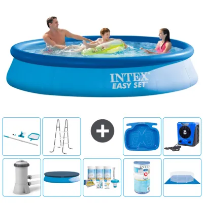 Produktbild von Intex runder aufblasbarer Easy Set-Schwimmpool – 366 x 76 cm – Blau – inklusive Pumpe Abdeckung - Wartungspaket - Filter - Bodenplane - Reinigungskit - Leiter