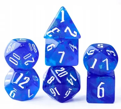 Produktbild von Set 7x Würfel 16mm Blau Weiß Druck RPG D&D