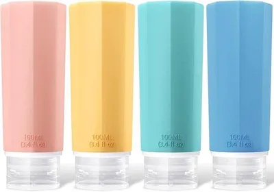 Produktbild von Famanu Set von 4 Silikon-Reisflaschen - 100 ml - auslaufsicher - wiederverwendbar - in verschiedenen Farben