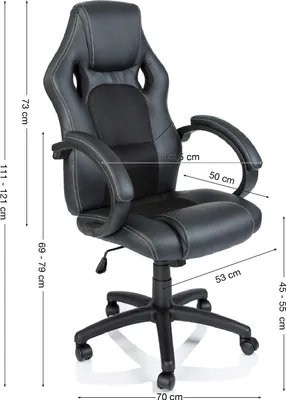 A black racing-style office chair with dimensions indicated by text and lines.