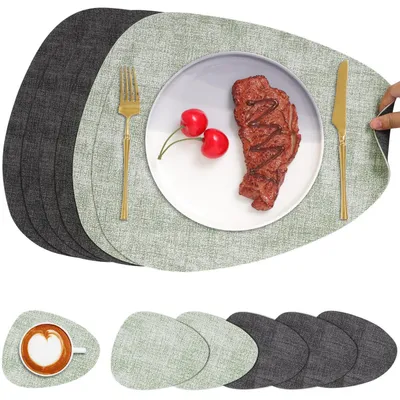 Zdjęcie produktu dla Podkładki pod talerze i kubki, wygląd skóry, okrągłe, dwustronne, szare i zielone, zestaw 6 sztuk, wymiary 40,5 x 33 cm