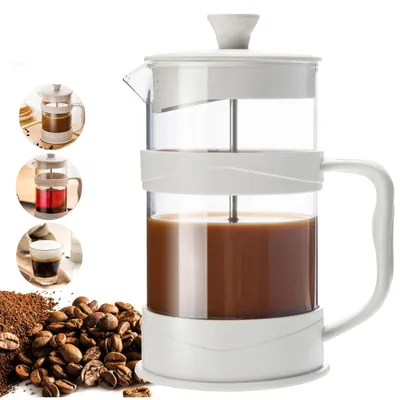 Produktbild von Kaffeebereiter, French Press Kanne, Kaffeebereiter mit 3D Filtersystem, Kaffeekanne, Kaffeezubereiter, Glas, Pressfilterkanne, 1000ml, Weiß
