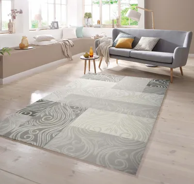 Produktbild von Designer Teppich mit Glitzergarn Wollteppich mit Karo Muster in Creme Beige Grau Größe - 80 x 300 cm