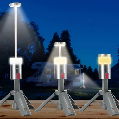 Produktbild von Professionelle Outdoor-LED-Leuchte mit Stativ – Mobiler Akku-Strahler mit 180° schwenkbarem Kopf, dimmbar, RGB & Powerbank, Teleskoplampe