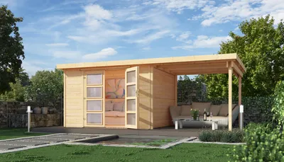 Immagine prodotto di Casetta da giardino weka 321 B Gr.2, naturale, 19 mm, vetro smerigliato DT, ampliamento 230 cm, colore: naturale, forma del tetto: tetto piano