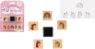 Produktbild von Razítka dřevěná 5+1 s poduškou jednorožci 3x3cm na kartě