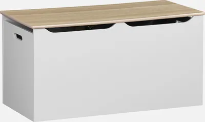 A white toy chest with a wooden lid is shown from the front.
