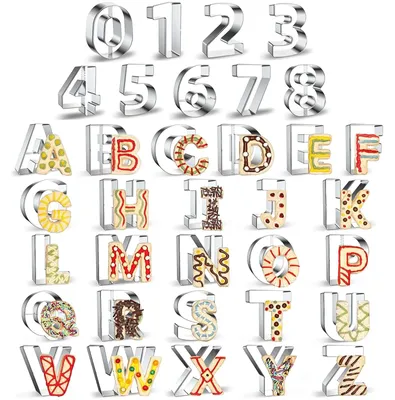 Produktbild von Ausstechformen aus Edelstahl, 36-teilig, inklusive Kuchenschaber, Buchstaben- und Zahlenausstecher, Ausstechformen, Edelstahl-Ausstechformen, zum Osterbacken, für Kuchen- und Keksdekoration