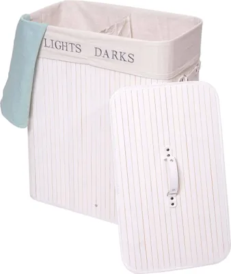 A laundry basket with its lid off, placed on a white background.
