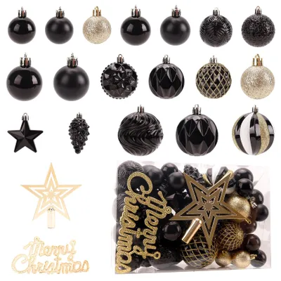 Produktbild von Weihnachtskugeln Schwarz Gold, Weihnachtsdeko 66er Set in 12 Verschiedene Modelle, Bruchsichere Christbaumschmuck, Weihnachten Deko mit Haken