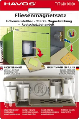 Packaging for a set of undertile magnets, showing a diagram of how they are used in a tiled bathroom.
