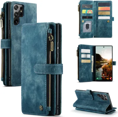 Immagine prodotto di Custodia in pelle per Samsung Galaxy S23 Ultra, custodia in Finto cuoio con cerniera, chiusura magnetica, tasca per carte, supporto, custodia a portafoglio Blu