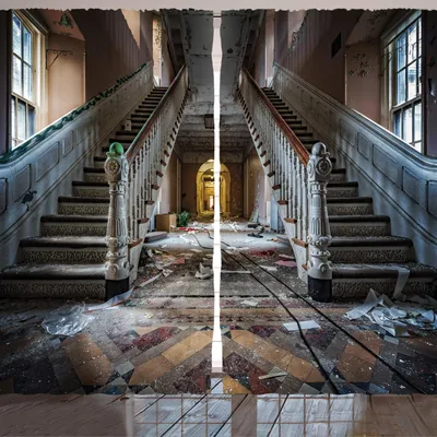 Produktbild von ARANDE Rustikal Gardine, Zerstörte Haupteingangs-Halle des verwüsteten Opernhauses mit symmetrischem Treppen-Foto, 280 x 225 cm, Beige Braun