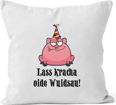 Produktbild von Kissenbezug Geburtstag Geschenk Schwein Spruch Lass kracha oide Wuidsau 40x40 Baumwolle MoonWorks® weiß-schwarz 40cm x 40cm