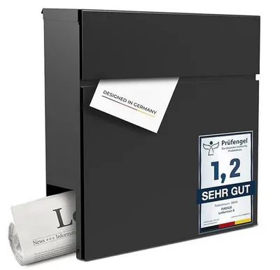 A black mailbox with a newspaper sticking out and a card inserted into the slot.