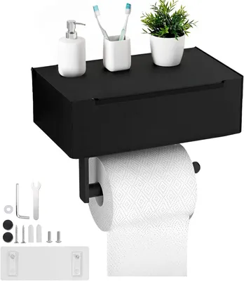 Obrázek produktu pro Držák toaletního papíru bez vrtání, 2 v 1 s držákem na vlhčené ubrousky, nerezová ocel, matná černá barva, úsporný design pro koupelnu