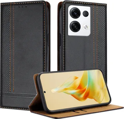 Produktbild von Handyhülle für OPPO Reno8 Pro 5G Leder Flip Klappbare Schutzhülle mit Standfunktion Schwarz
