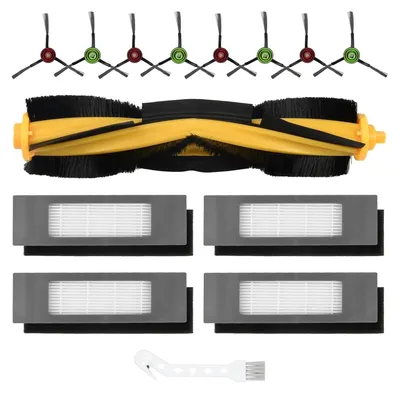 A collection of robot vacuum cleaner accessories, including brushes and filters, laid out on a white background.
