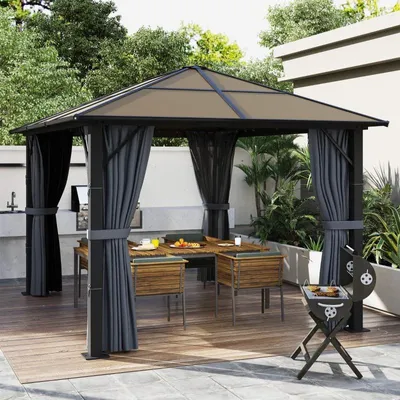 Image de Pavillon 3 x 3 m – avec toit en polycarbonate, rideaux et moustiquaire, structure en aluminium, pour le jardin et la terrasse, gris foncé