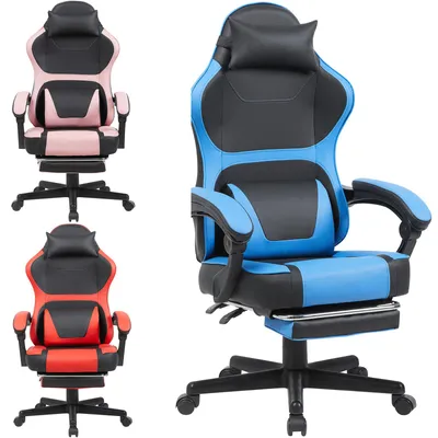 Produktbild von Gaming Stuhl ergonomisch mit Fußstütze, Gaming Chair mit Lendenkissen, Kopfstütze und PolyurethanBezug