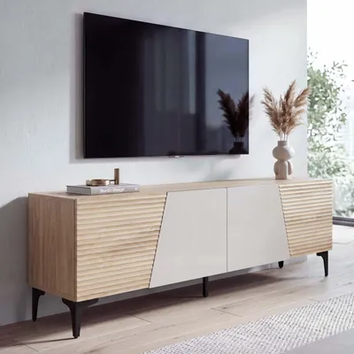 Productafbeelding van TV-meubel HWC-Q83, laag TV-kast met deuren, 3D-structuur, opbergvakken, MDF met melamine coating, 55x160x42cm, eikenhoutlook
