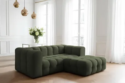 Productafbeelding van Designbank SOLVIE XS, hoekbank, stof Tiffani, groen, met hocker aan de rechterkant