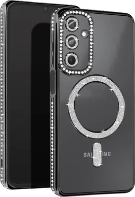 A black smartphone case with diamond-like embellishments and a magnetic ring is shown, with a portion of the phone visible.