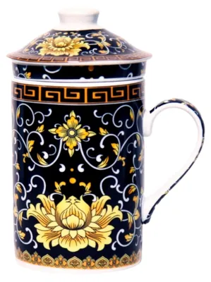 Produktbild von Keramik Teetasse mit Deckel + Sieb für Losen Tee mit (Gelbe Seerose, 497), Asiatisches Motiv, Porzellan, Tee-Becher