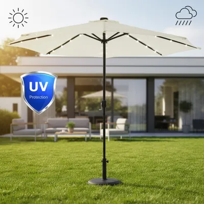 Produktbild von Ampelschirm Ø3 m Beige mit LED 360° drehbar Kurbel & Kreuzfuß