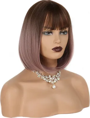 Produktbild von Stylische, braune Bob-Perücke mit Pony für Damen, Farbe Violett