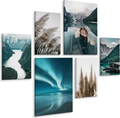 Produktbild von Muralo Leinwand Bilder Set AUFHÄNGFERTIG 4 Bilder 20x30cm mit 2 Bilder 30x40cm Bergen Pflanzen Landschaft 3D