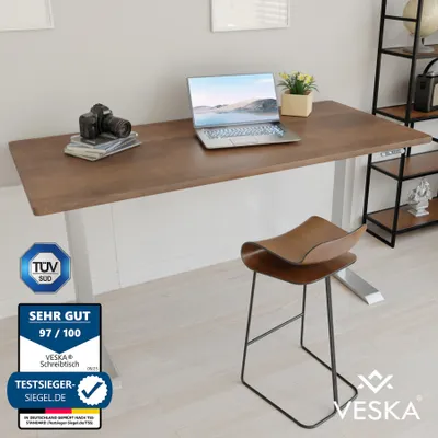 Produktbild von Höhenverstellbarer Schreibtisch (140 x 70 cm) - Sitz- & Stehpult - Bürotisch Elektrisch Höhenverstellbar mit Touchscreen & Stahlfüßen - Silber/Antik