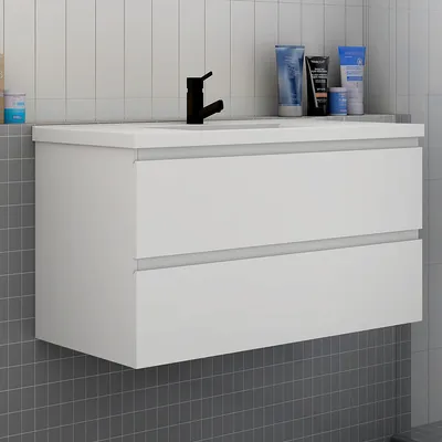 Produktbild von Badezimmermöbel 100cm CINIC-Serie Keramik Waschtisch mit Unterschrank Hängeschrank Badezimmerschränke mit 2 Schubladen Weiß Matt