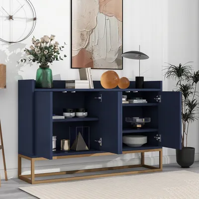 Produktbild von okwish modernes Sideboard im minimalistischen Stil 120 x 30 x 80 cm, 4-türiger griffloser Schubladenschrank, Esszimmer, Wohnzimmer, Küchenbuffetschrank (Marineblau)