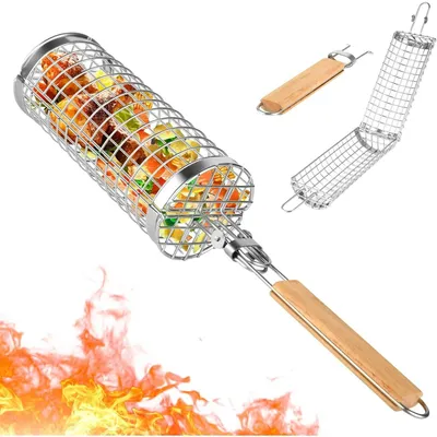 Produktbild von BBQ Grillkorb - Grillrost - BBQ Zubeh?r - Geeignet fš¹r Grill - Mit Holzgriff - BBQ Grillzylinder - Edelstahl
