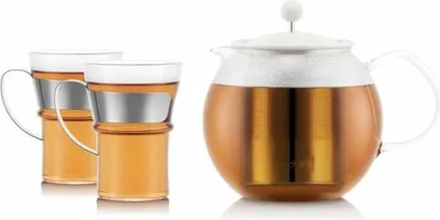 Image de Théière French-Press - BODUM - ASSAM SET - 1,0 l avec filtre inox, couvercle plastique + 2 tasses en verre avec poignée inox 0,35 l