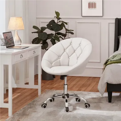 Produktbild von Yaheetech runder Drehstuhl mit Rollen, Schreibtischstuhl ergonomisch, Schminktisch Stuhl mit getuftetem Sitz, verstellbare Sitzhöhe 37 – 47 cm, Weiß