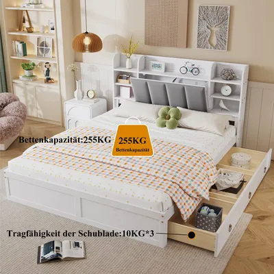 Immagine prodotto di Letto contenitore MERAX letto imbottito con ripiano aperto e 3 cassetti vano contenitore con anta a ribalta, in legno di pino letto funzionale letto per giovani 160x200cm