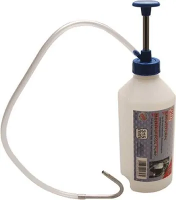 A white multipurpose pump with a blue handle and a clear tube, set against a white background.
