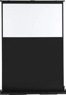 A front view of a portable projector screen, partially extended, on a white background.