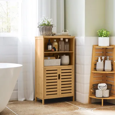 Produktbild von Sweiko Badezimmerschrank aus Bambus, mit Lamellentüren, 2 Regale, 1 Schrank, 50 cm x 29 cm x 92 cm, Natur