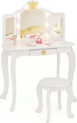 A white princess vanity table with a tri-fold mirror and a stool, set against a white background.