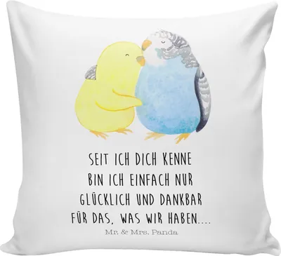 Produktbild von Mr. & Mrs. Panda kuschelkissen 40x40 Wellensittich Liebe - Weiß - Geschenk, Umarmung, Polster, glücklich, Vertrauen, Vögel, Kissen, Dekokissen, Verknallt, Heiraten
